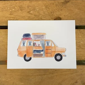 Ansichtkaart oranje camperbusje