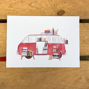 Ansichtkaart rode camper met boeken